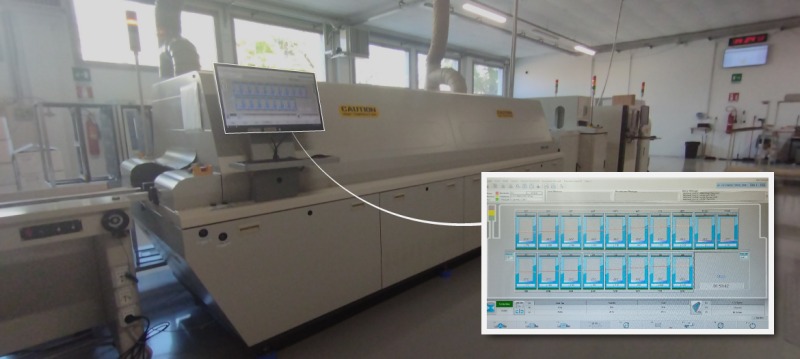 Reflow oven with heating and cooling zone control screen.