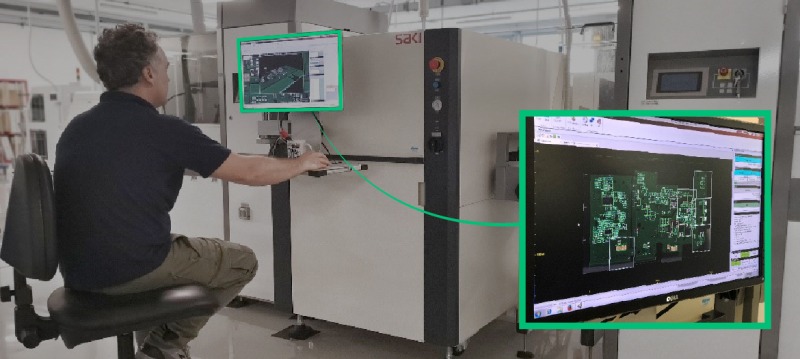 Machine for 3D optical inspection of the electronic boards and 3D image screen.